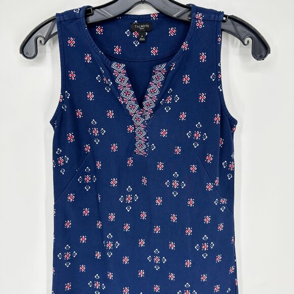 Talbots Sheath Dress XSP Foulard Print Sleeveless Cotton Navy Blue Red Casual - Picture 5 of 11